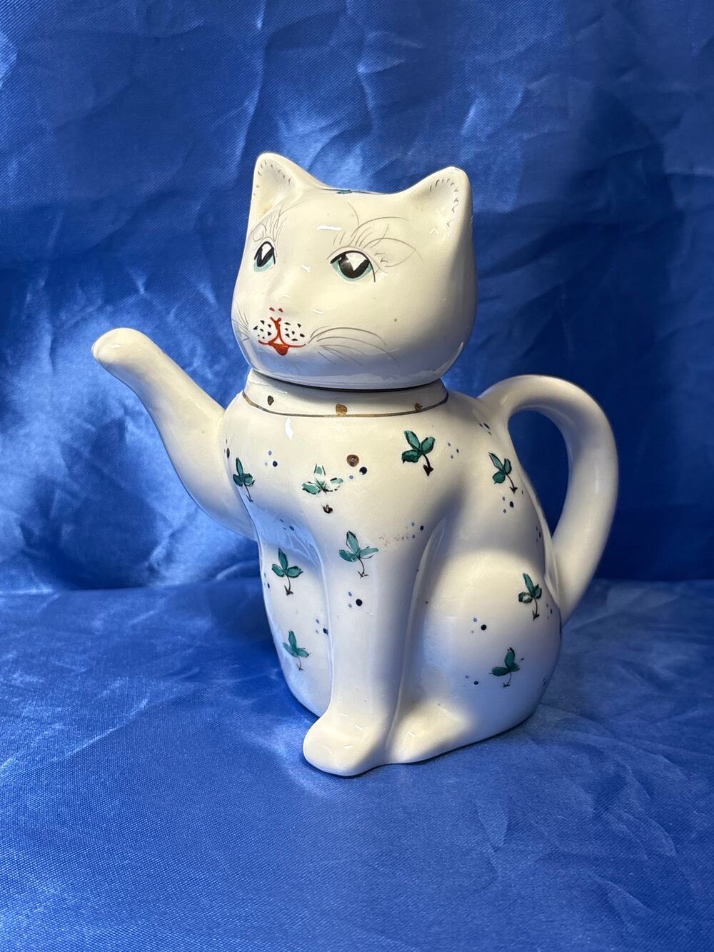 Vintage White Porcelain Cat Teapot Accented with Green Leaf Design
